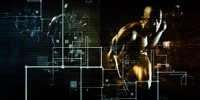 futurist image of humanoid leaning forward and a math equation in the background